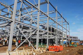 The braced frames are erected around a regular grid pattern