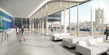 The reception area of Building 101 features a large column-free space