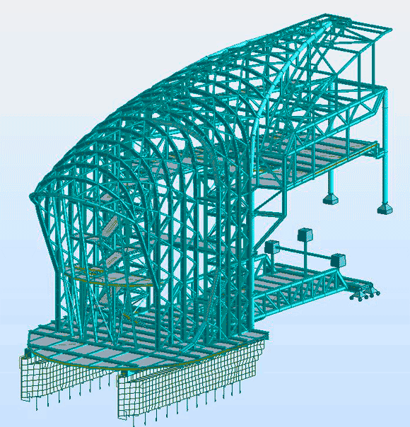 Model showing the entrance structure and the bridges spanning the rail lines and connecting into existing structures
