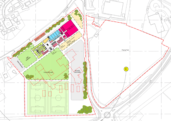 Plan of the site with the steel structure highlighted in pink