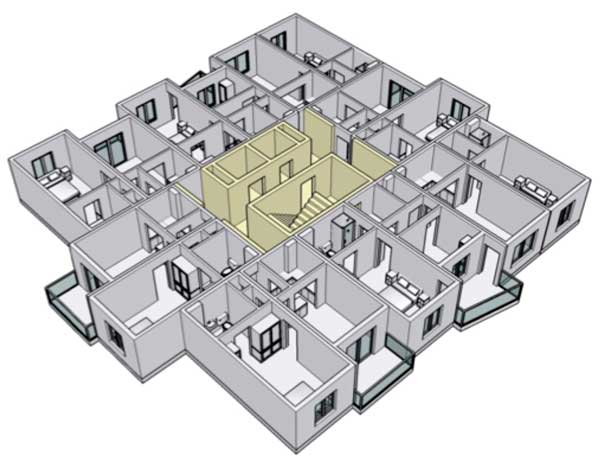 Figure 2: Typical layout of modules in high-rise buildings (courtesy HTA Design)