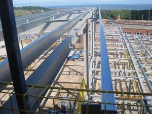 Overlooking the sports hall during the steel erection programme