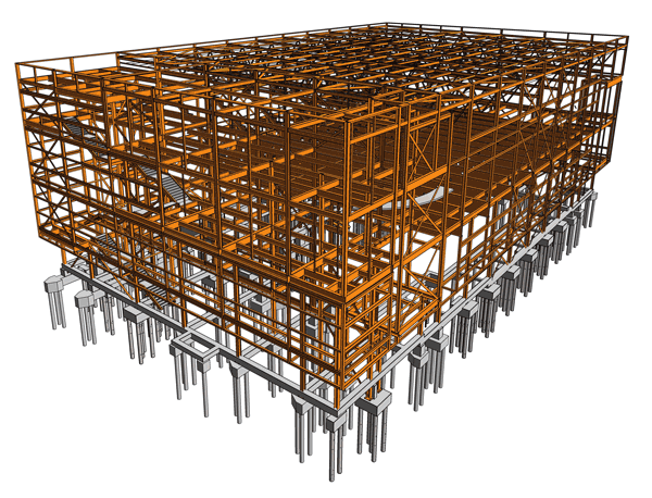 The complex steel design involving two large stacked column-free areas