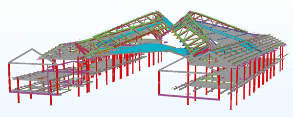 Model highlighting the steelwork. The support steelwork is in red, the new floor and giraffe beams are in blue and the trusses are green.