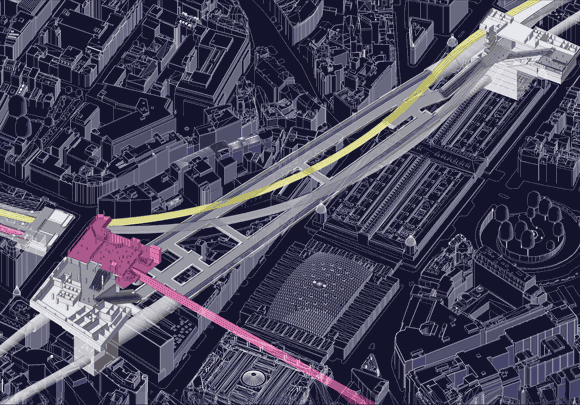 Diagram illustrating the positions of the western (left) and eastern ticket halls. The Crossrail line is in yellow, the existing Thameslink line is in pink and the Underground lines are in grey